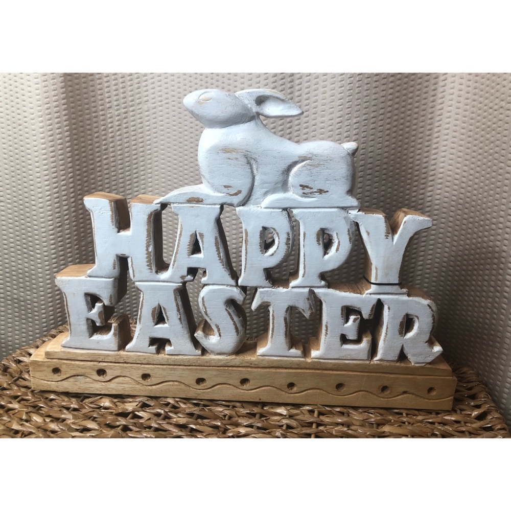Happy Easter Wood Sign Chunky Spring Farmhouse Style Rustic Decor Rabbit NEW